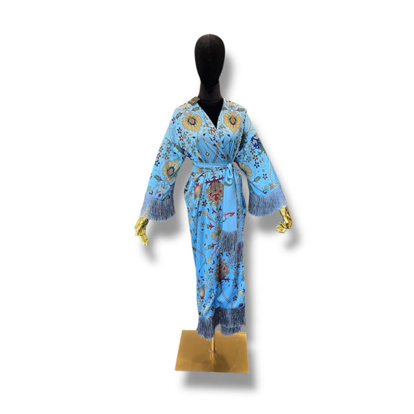 Light Blue Armenian Alphabet Silk Robe