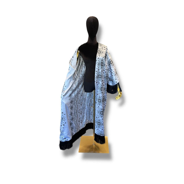 Light Grey with Black Fringe Armenian Alphabet Silk Robe