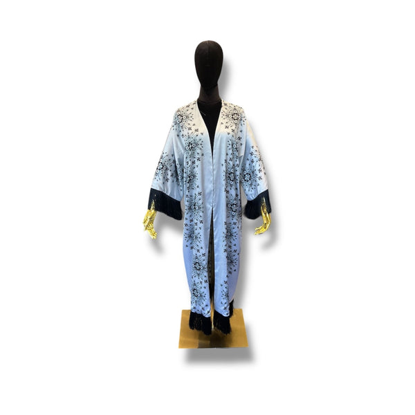 Light Grey with Black Fringe Armenian Alphabet Silk Robe