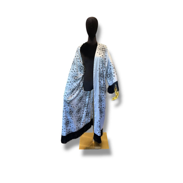 Light Grey with Black Fringe Armenian Alphabet Silk Robe