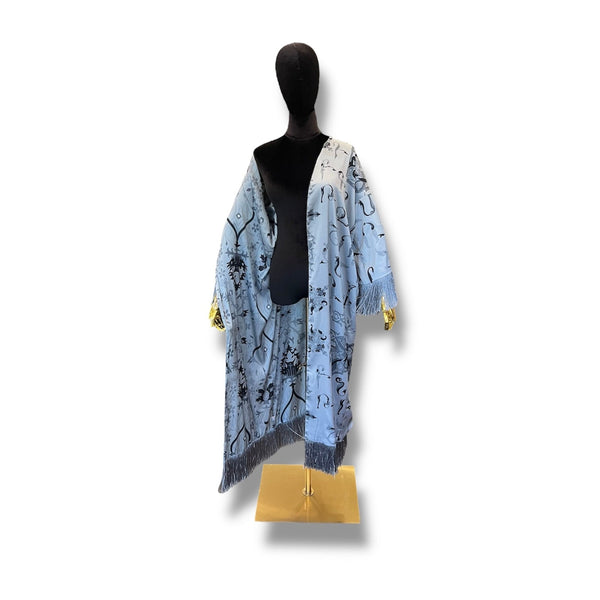Light Grey with Grey Fringe Armenian Alphabet Silk Robe