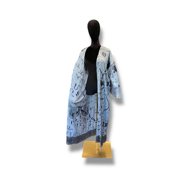 Light Grey with Grey Fringe Armenian Alphabet Silk Robe