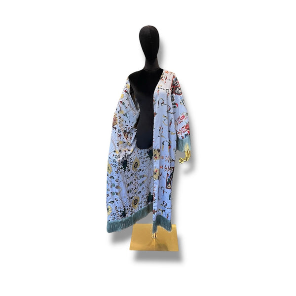 Light Blue with Blue Fringe Armenian Alphabet Silk Robe