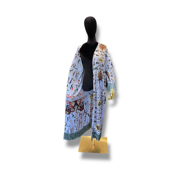 Light Blue with Blue Fringe Armenian Alphabet Silk Robe