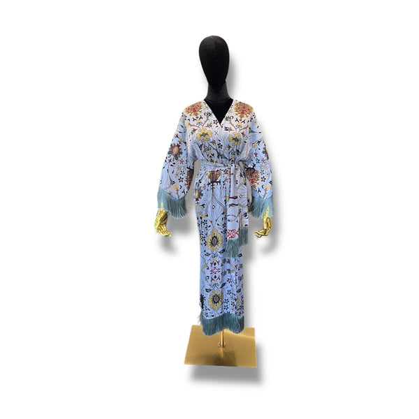 Light Blue with Blue Fringe Armenian Alphabet Silk Robe
