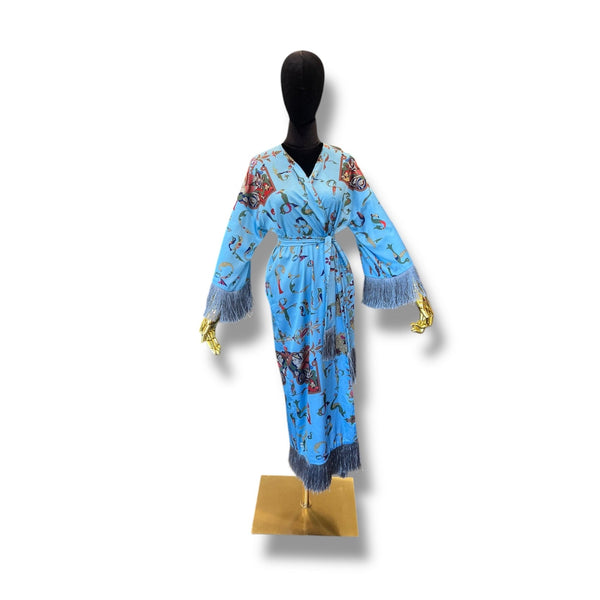 Light Blue Armenian Alphabet Silk Robe