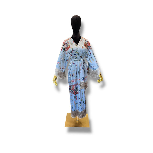 Powder Blue Armenian Alphabet Silk Robe