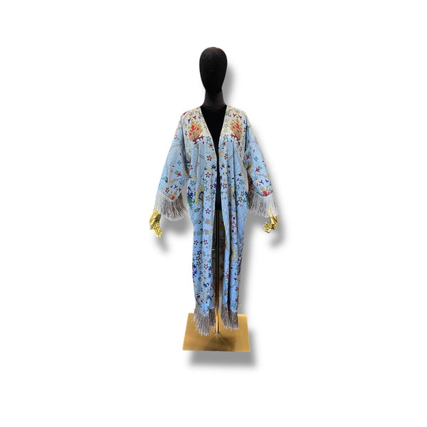 Powder Blue Armenian Alphabet Silk Robe