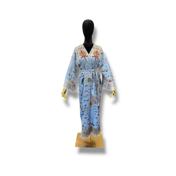 Powder Blue Armenian Alphabet Silk Robe