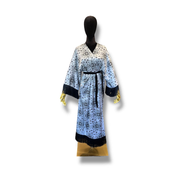 Light Grey with Black Fringe Armenian Alphabet Silk Robe