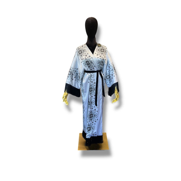 Light Grey with Black Fringe Armenian Alphabet Silk Robe