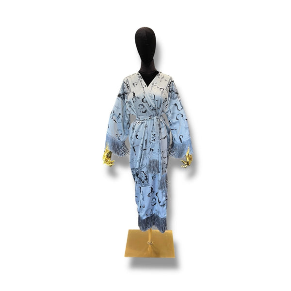Light Grey with Grey Fringe Armenian Alphabet Silk Robe