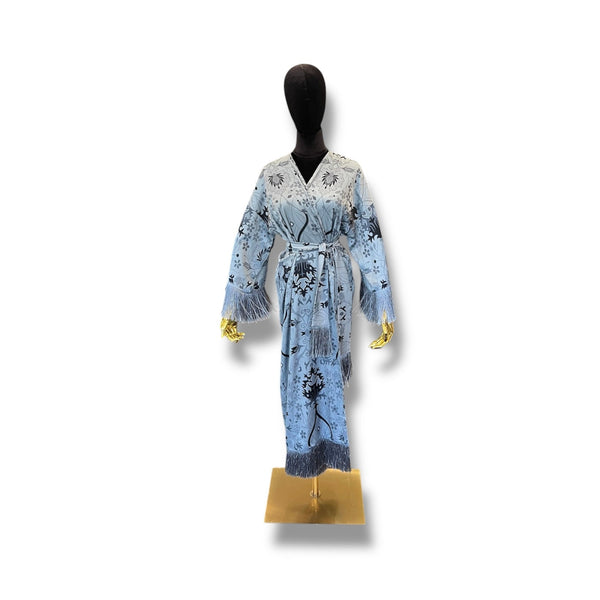 Light Grey with Grey Fringe Armenian Alphabet Silk Robe