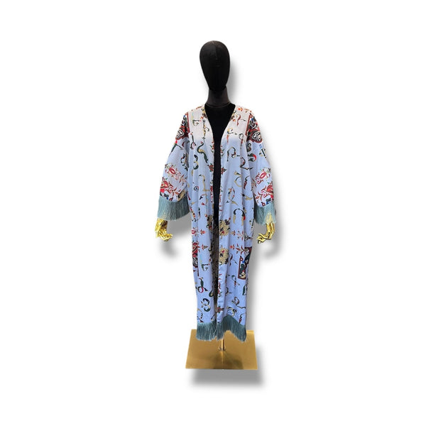Light Blue with Blue Fringe Armenian Alphabet Silk Robe