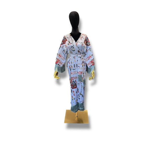 Light Blue with Blue Fringe Armenian Alphabet Silk Robe
