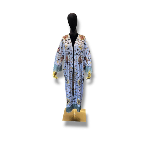 Light Blue with Blue Fringe Armenian Alphabet Silk Robe