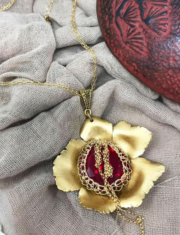 Bronze Rose with Red Swarovski Necklace